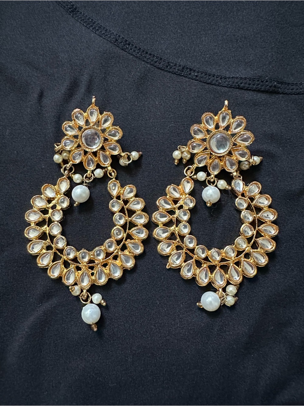 Gold Tone Kundan Chandbali Earrings with White Pearl Drops